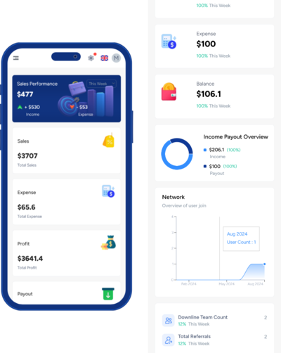MLM Mobile App - Business MLM Software Mobile Dashboard for Network Marketing on iOS and Android